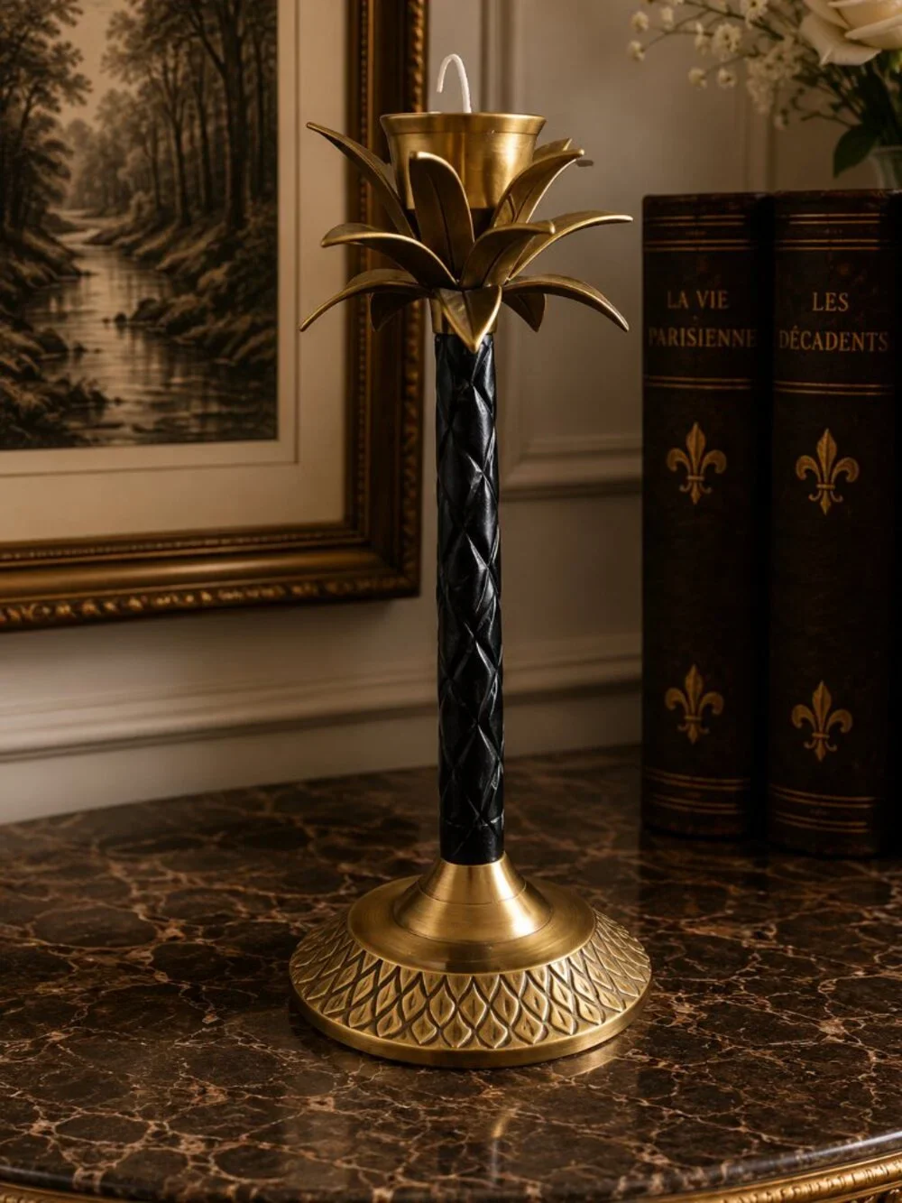Vintage Brass & Black Mid Century Palm Tree Candle Holder
